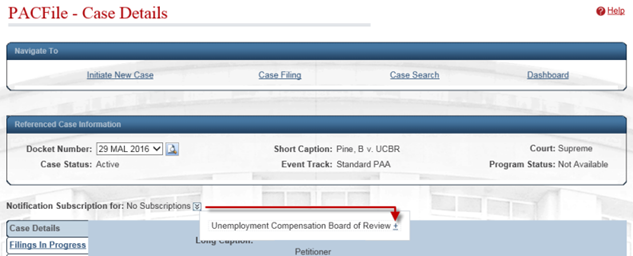 Subscribing to notifications in the Case Details screen.